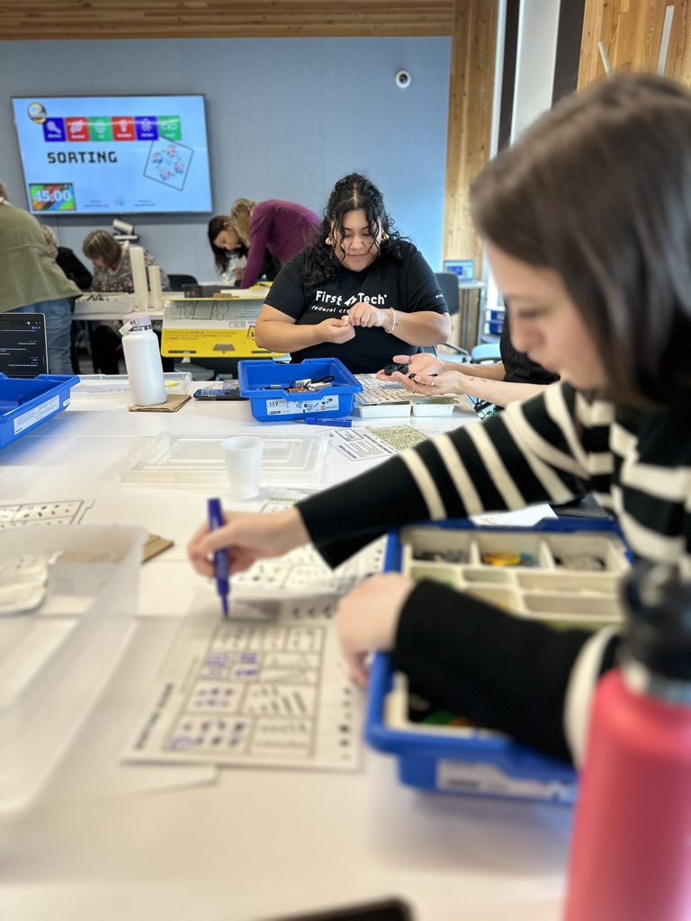 Volunteer sorting LEGO parts into kits